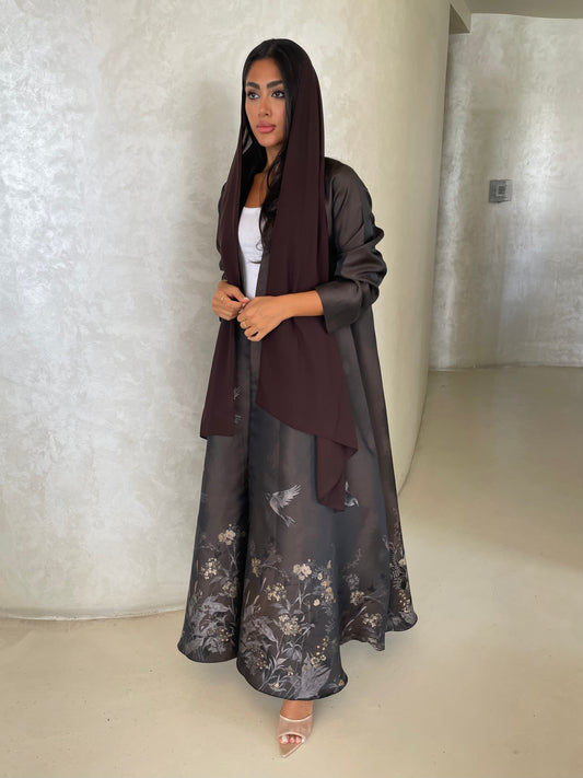 S422- brown printed kaloosh abaya