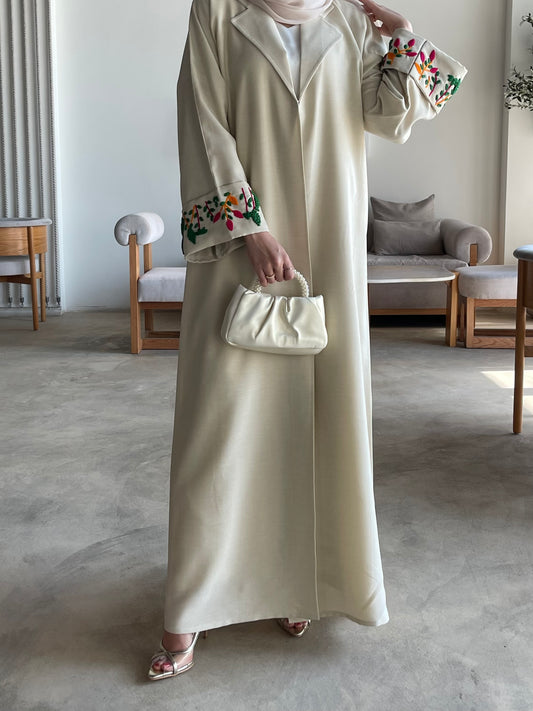 S045 - Half bisht linen abaya with floral design