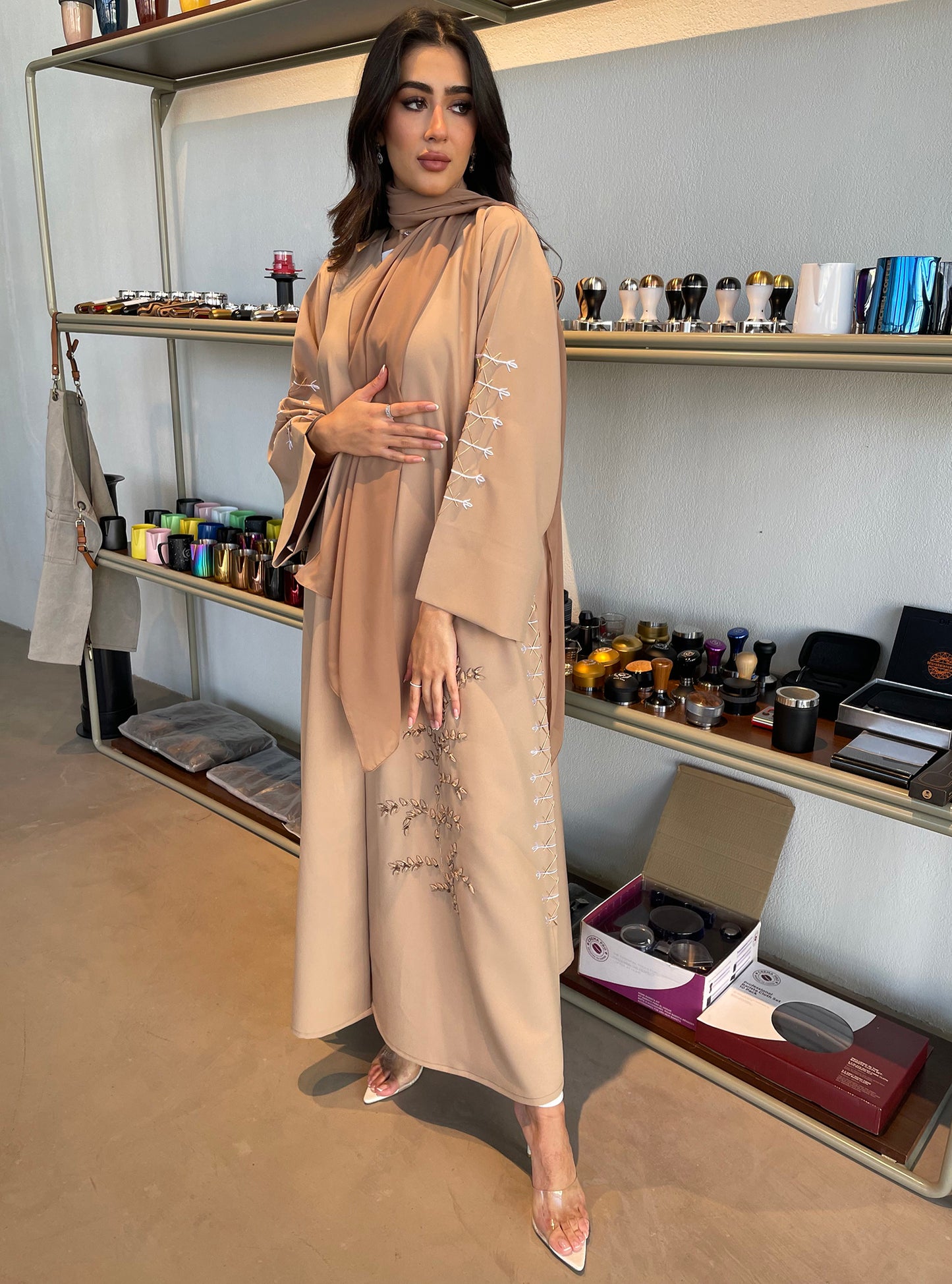 S110 - straight cut beige abaya with strings