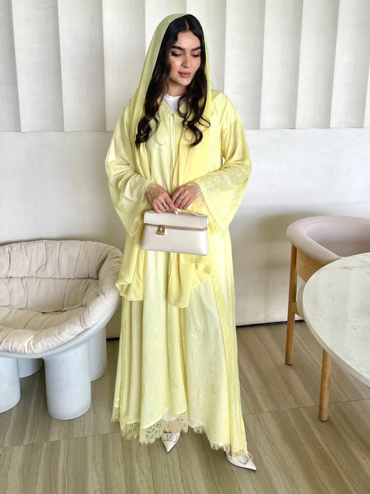 S399 - Butter yellow dantel abaya