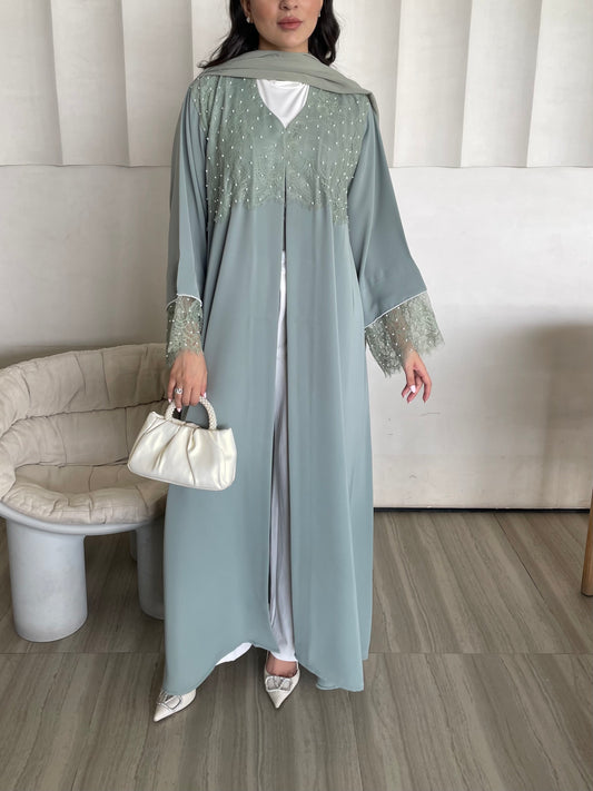 S390 - Light green dantel abaya